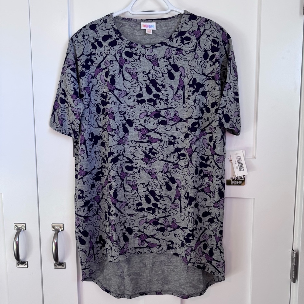 NWT LuLaRoe Irma Tunic Gray & Purple Mickey Mouse Hi Low‎ Hem Women's Size XXS